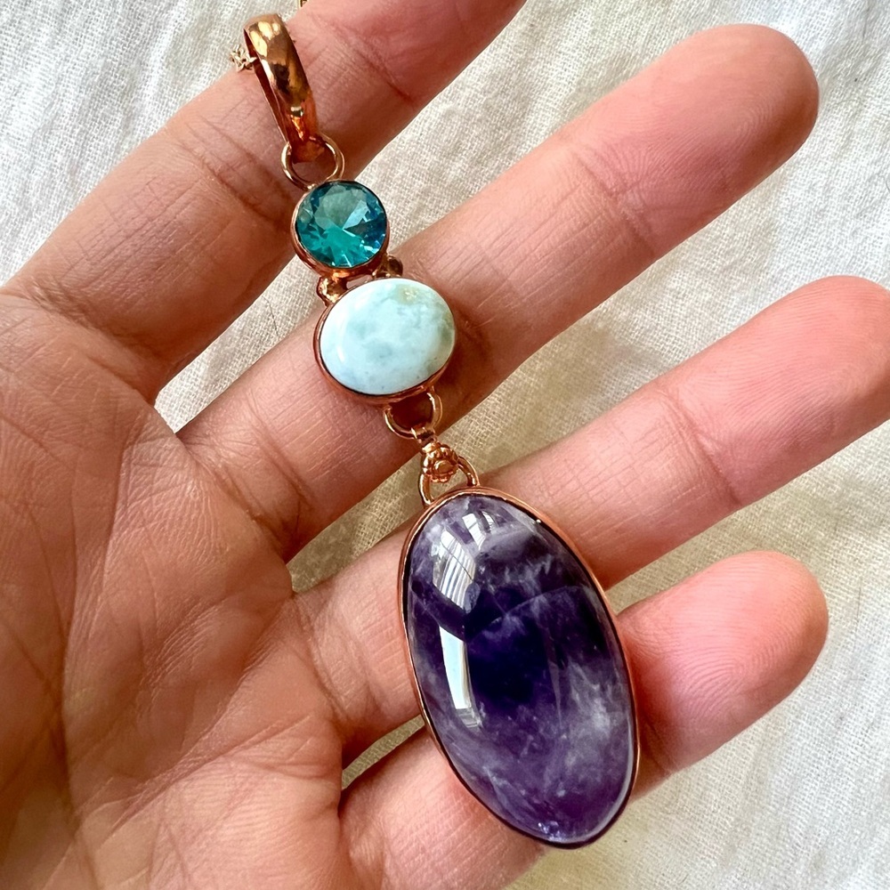 925 Copper Amethyst + Larimar + Topaz Necklace Pendant